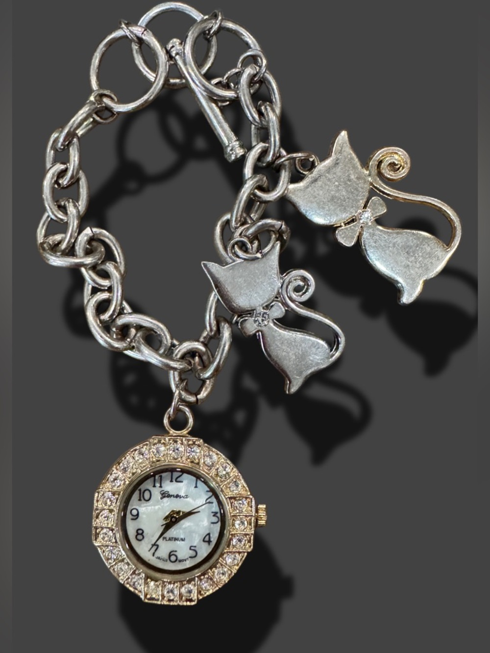 Whimsical Cat Charm Bracelet Watch Geneva Rhinestone Bezel Silver Tone